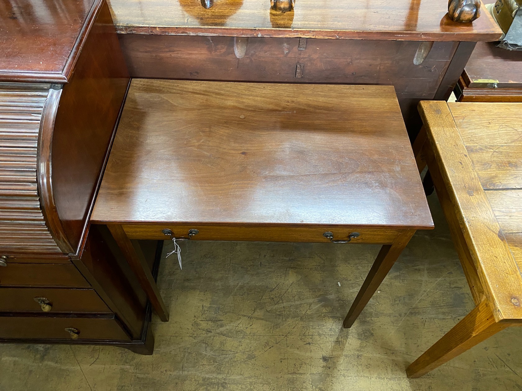 A George III mahogany side table fitted drawer, width 77cm, depth 49cm, height 78cm.